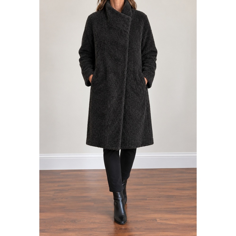 Eileen Fisher Sheared Suri Alpaca Stand Collar Coat Medium Black Wool Blend